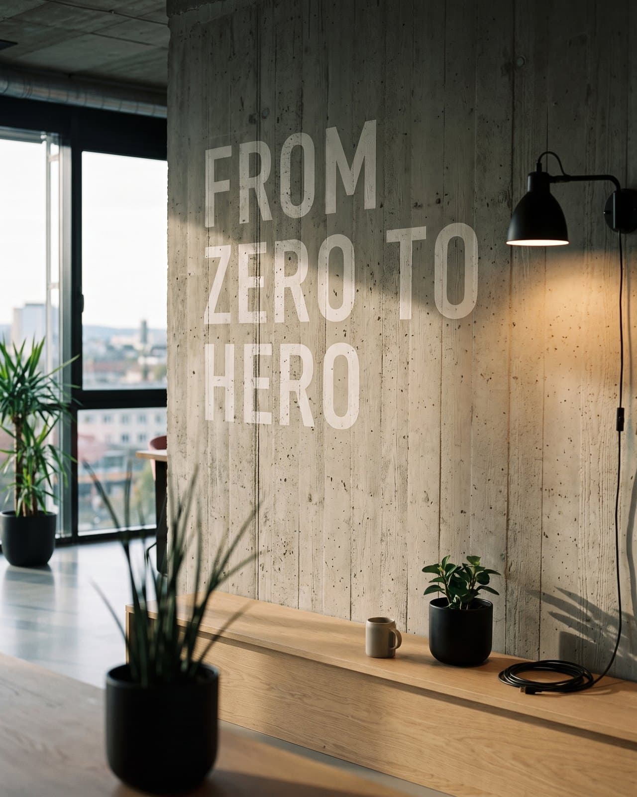The words FROM ZERO TO HERO painted on a concrete office wall above a wooden bench