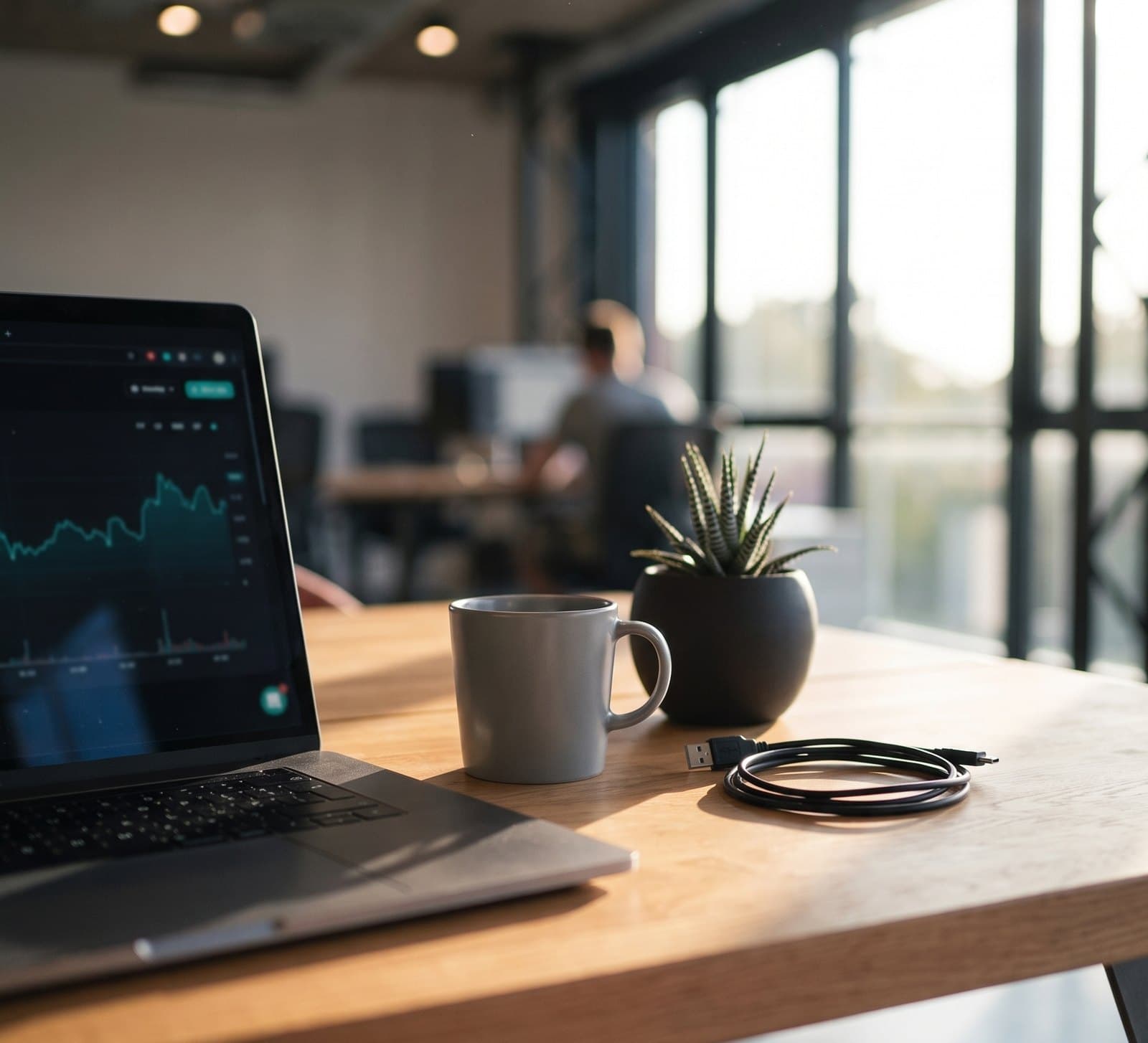 A laptop on a wooden desk showing a metrics dashboard, next to a mug and a coiled cable