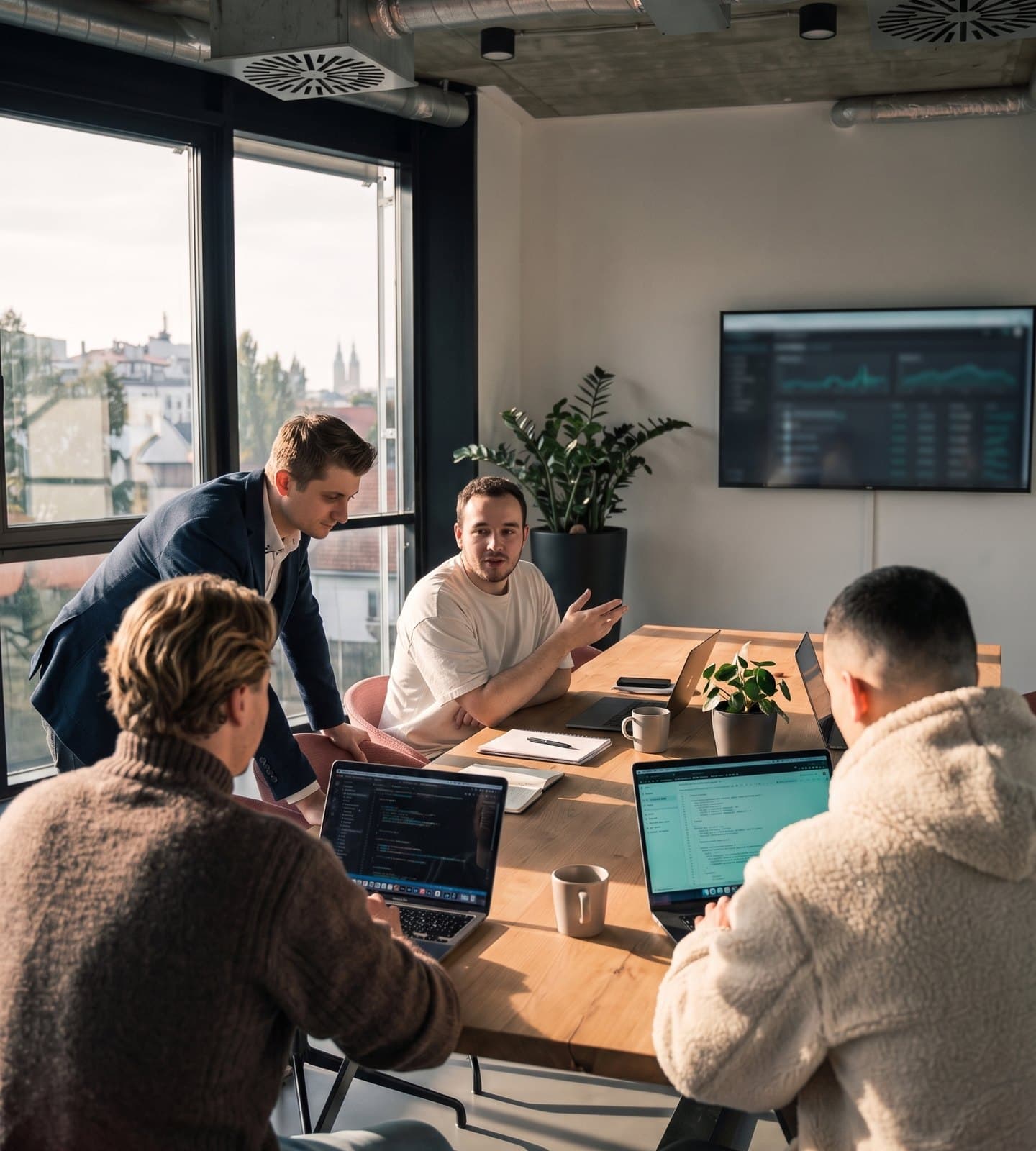 Four colleagues around a meeting table with laptops open, discussing a dashboard on the wall screen